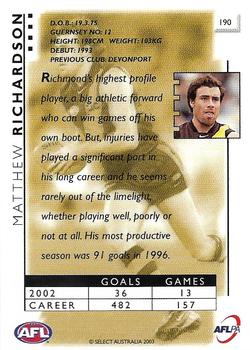 2003 Select XL AFL #190 Matthew Richardson Back